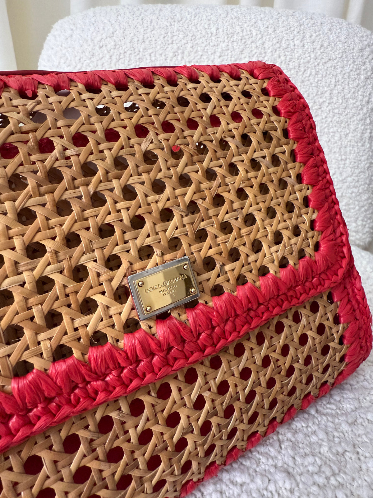 Dolce Gabbana Woven Raffia Miss Sicily Satchel Red