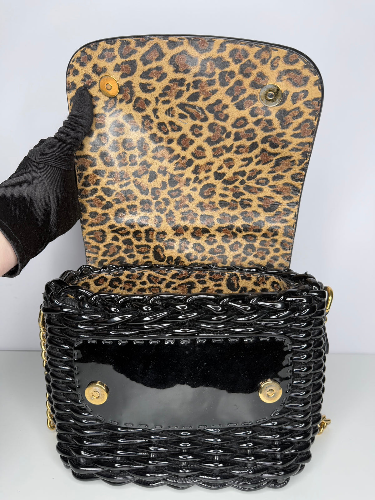Dolce Gabbana Black Wicker and Patent Leather Shoulder Bag