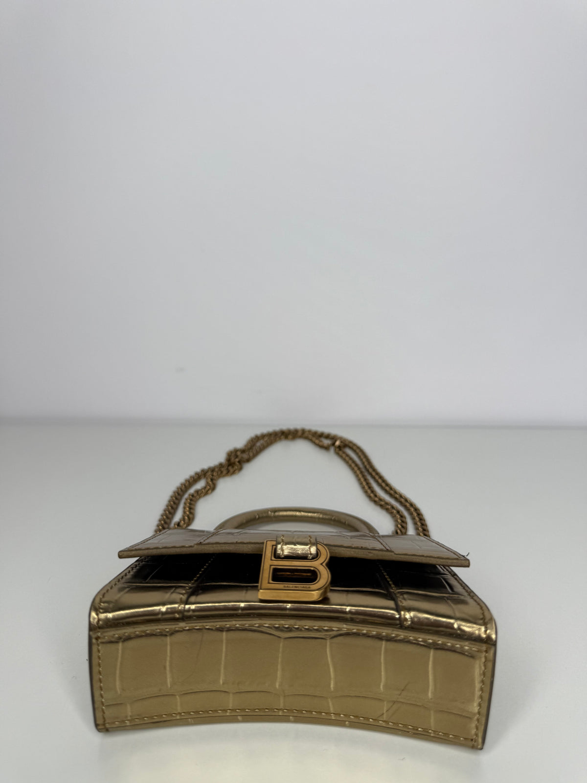 Balenciaga Gold Croc Embossed Hourglass Nano Top Handle Bag