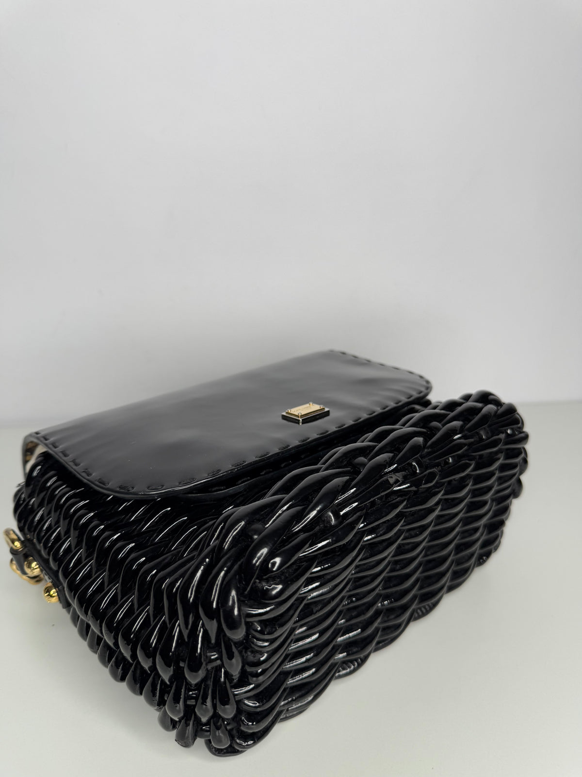 Dolce Gabbana Black Wicker and Patent Leather Shoulder Bag