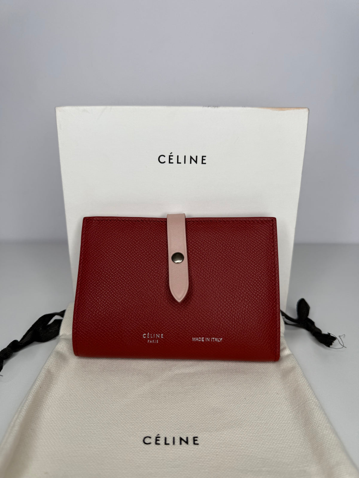 Celine Red/Light Pink Grained Leather Multifunction Strap Wallet