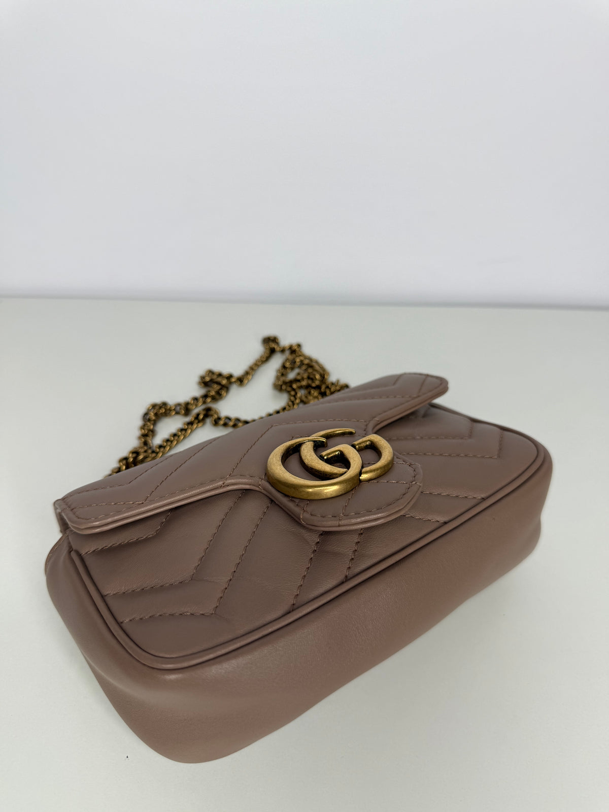 Gucci Calfskin Matelasse Super Mini GG Marmont Shoulder Bag Porcelain Rose