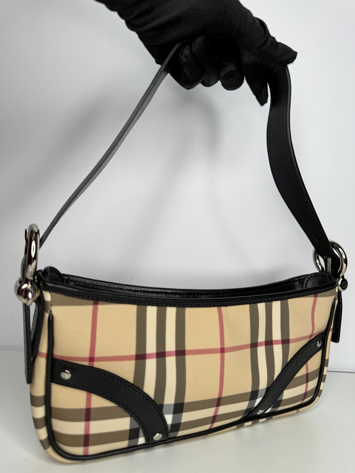 Burberry Black/Beige House Check PVC and Leather Pochette Bag