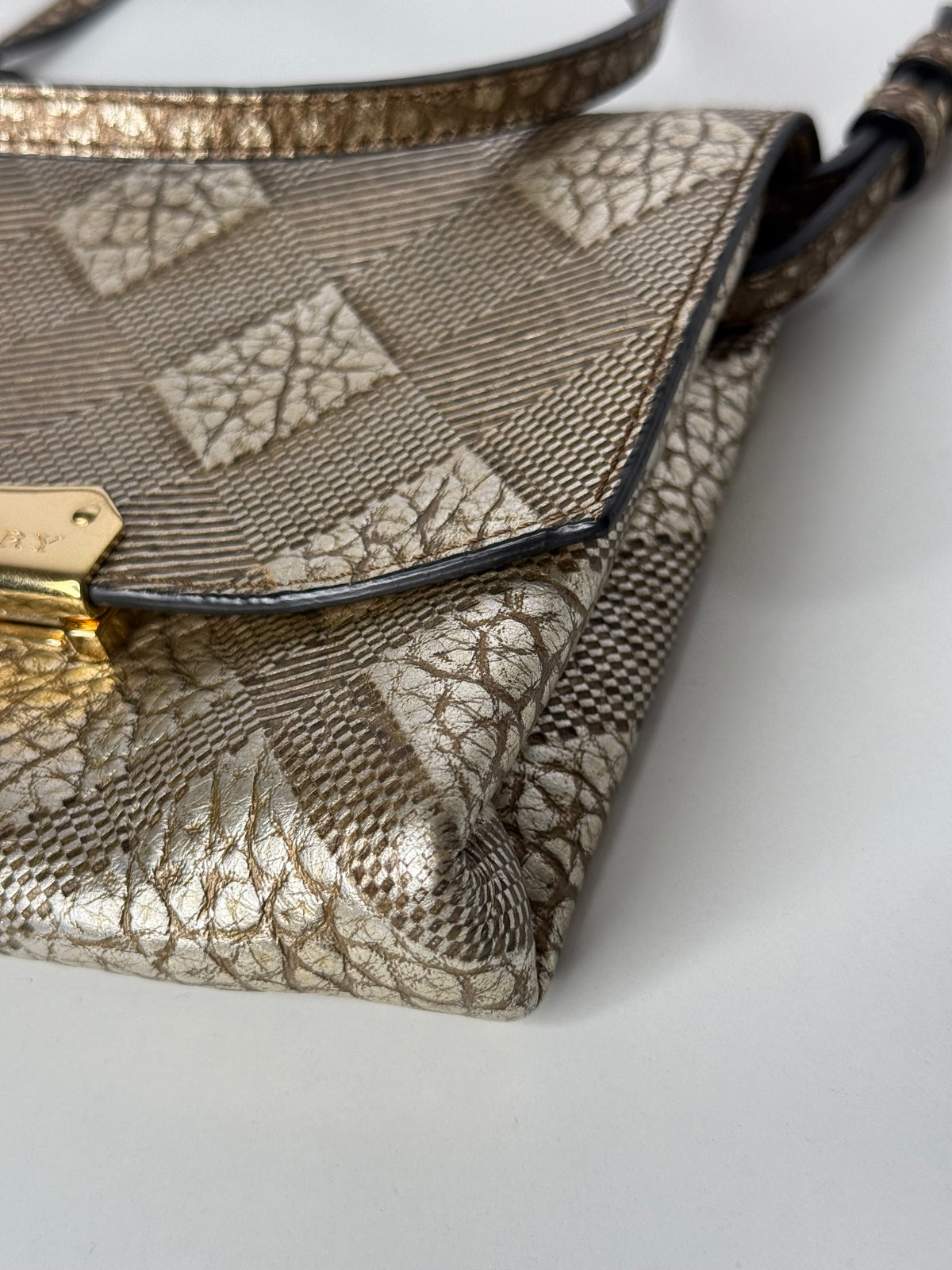 Burberry Gold Embossed Check Leather Flap Crossbody Bag