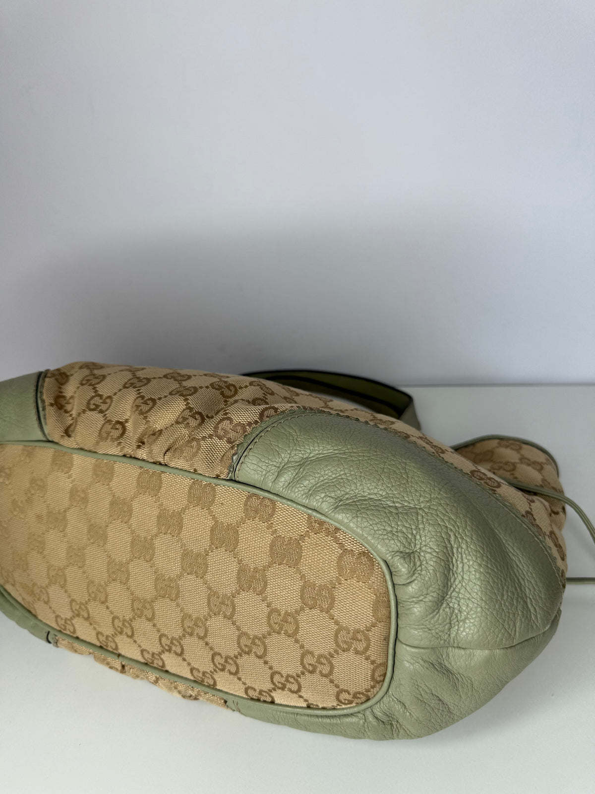 Gucci Beige GG Canvas and Green Leather Tribeca Small Tote Bag
