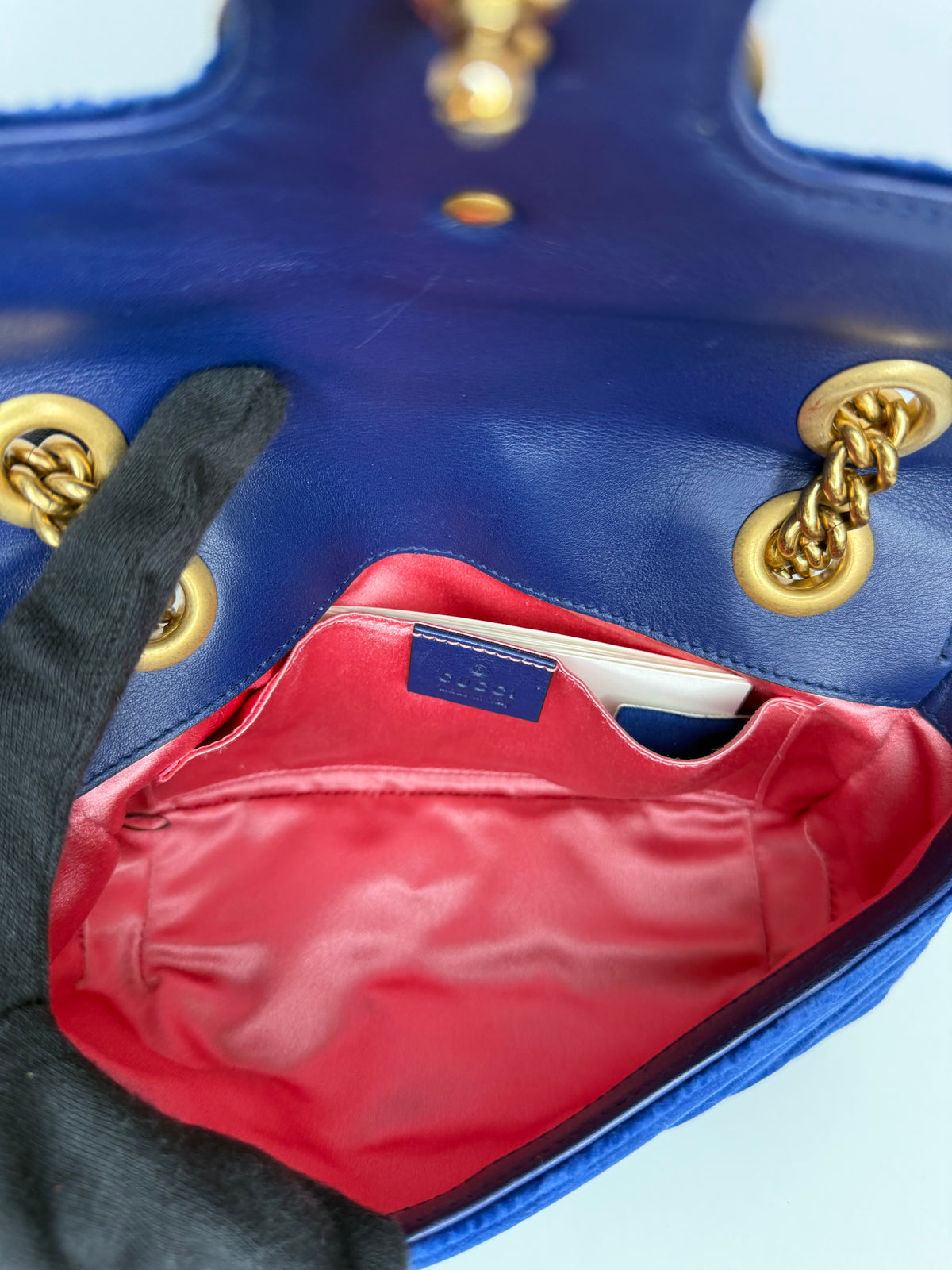 Gucci Velvet Matelasse Small GG Marmont Shoulder Bag Cobalt Blue