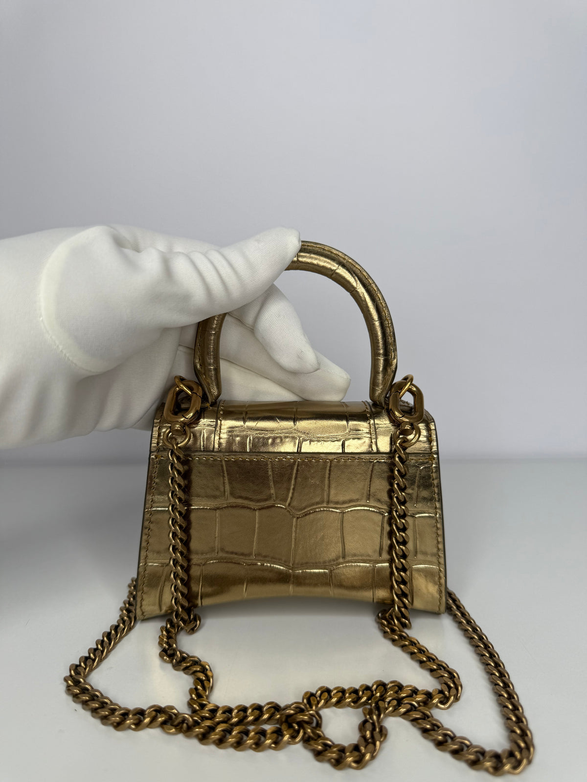 Balenciaga Gold Croc Embossed Hourglass Nano Top Handle Bag