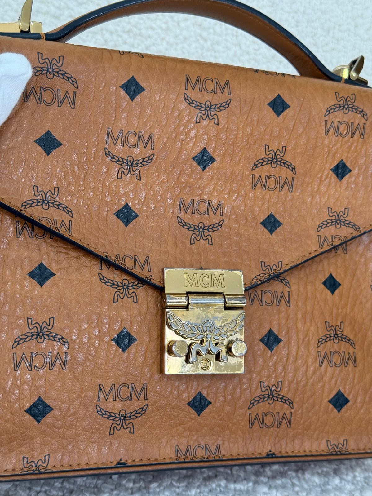 MCM Patricia Satchel Visetos Crossbody Bag Brown