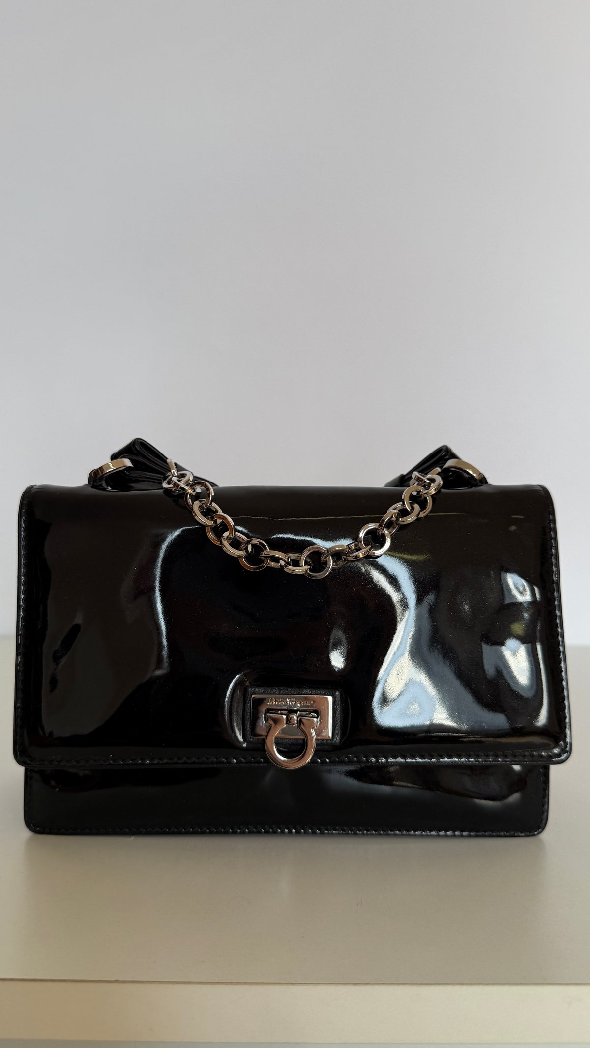 Salvatore Ferragamo Gancini Lock Black Patent Leather