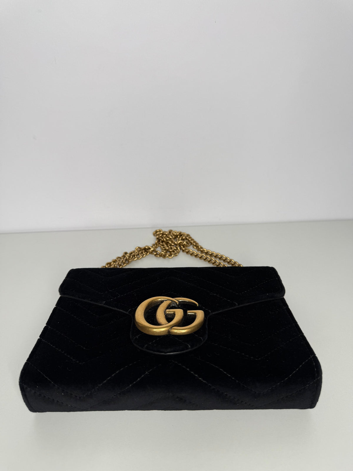 Gucci Velvet Matelasse GG Marmont Chain Wallet Black