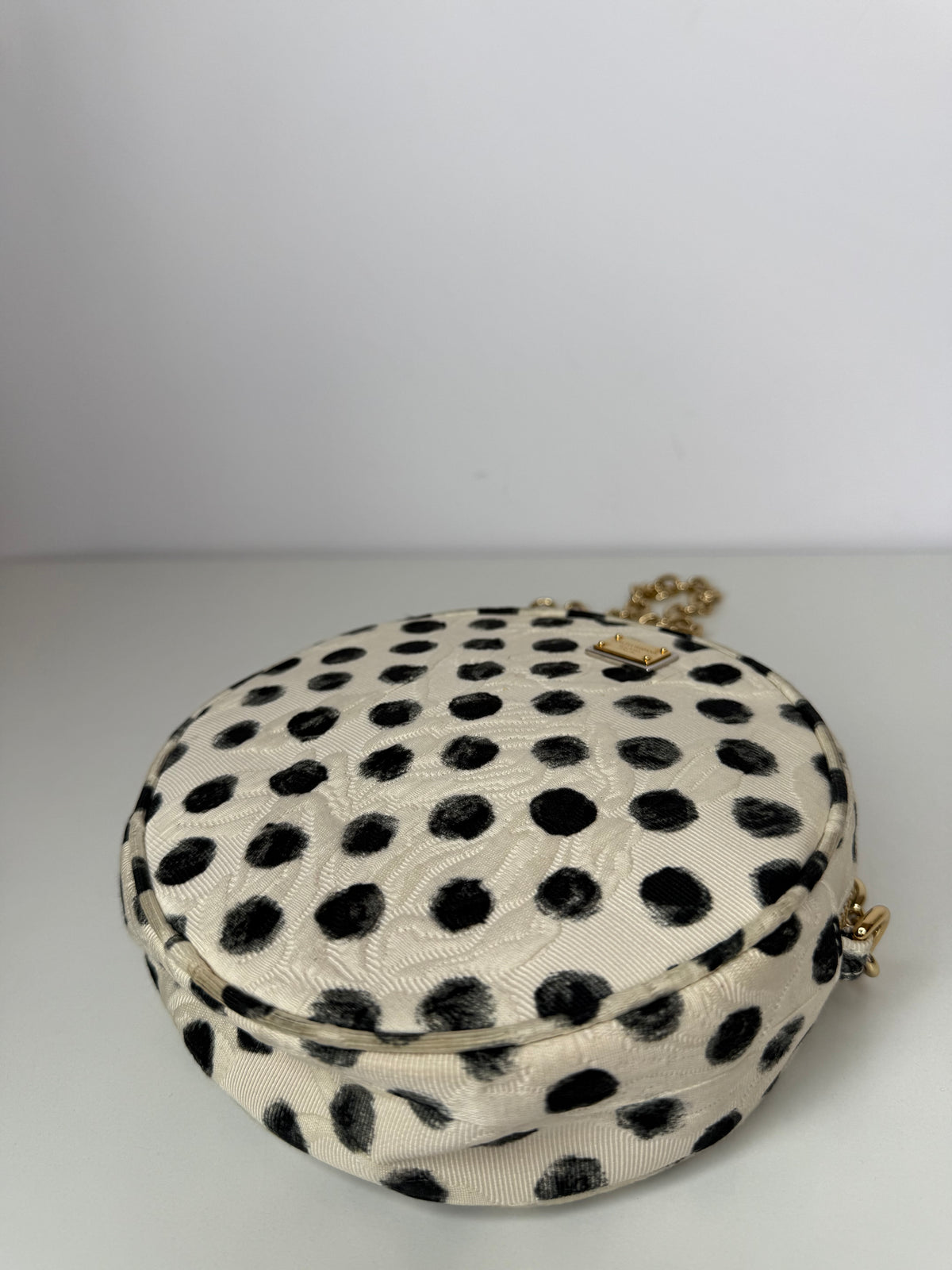 Dolce Gabbana Black/White Polka Dot Fabric Brocade Round Glam Crossbody Bag