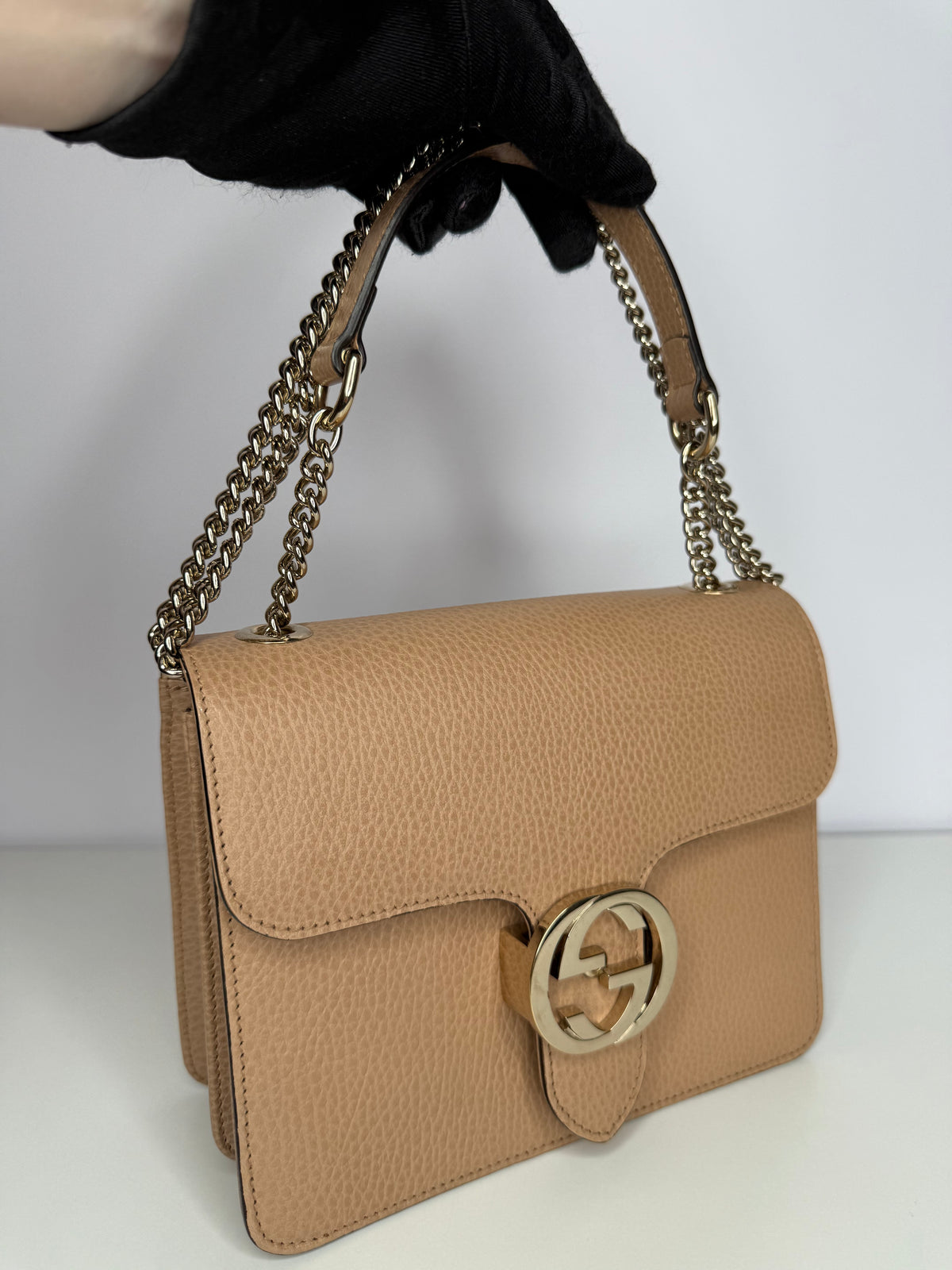Gucci Dollar Calfskin Small Interlocking G Shoulder Bag Beige