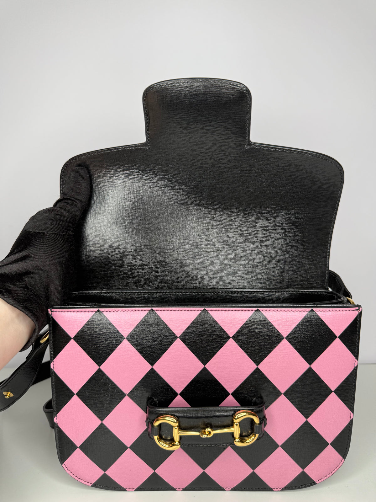 Gucci Horsebit 1955 Multicolor Geometric Pattern on Black Leather Shoulder Bag