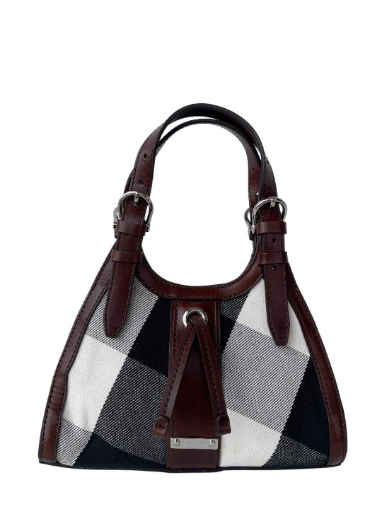 Burberry Brown Leather Check Canvas Hobo Bag