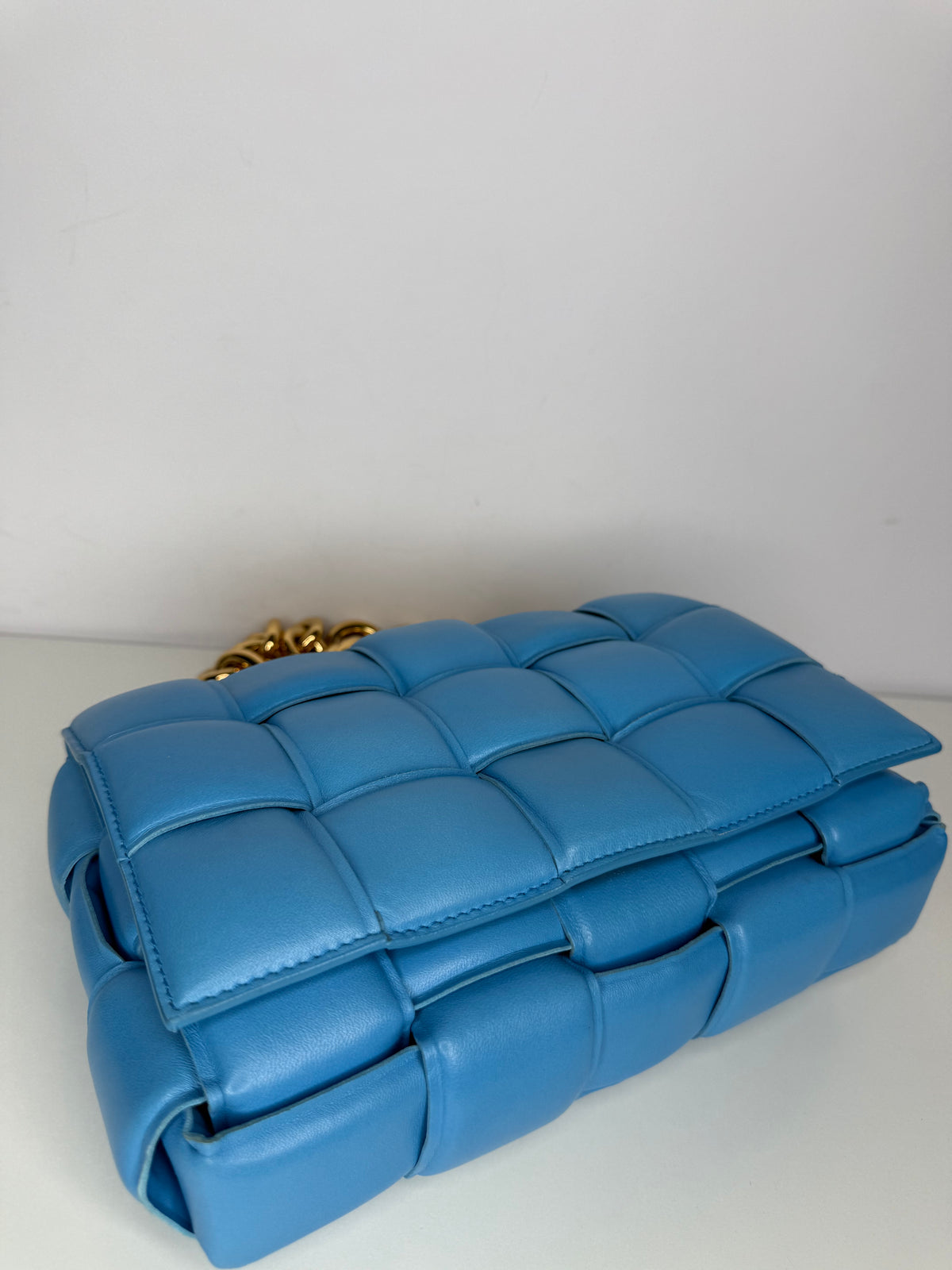 Bottega Veneta Blue Lambskin Maxi Intreccio Padded Chain Cassette Crossbody Bag