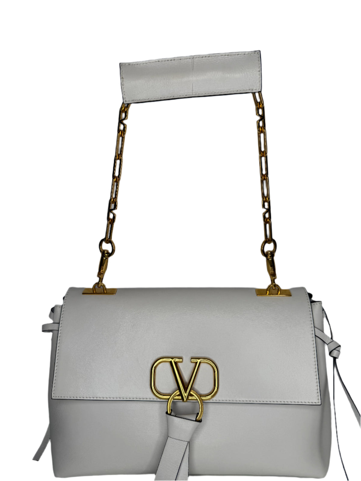 Valentino Garavani V-Ring Chain Shoulder Bag in White Pebbled Calfskin