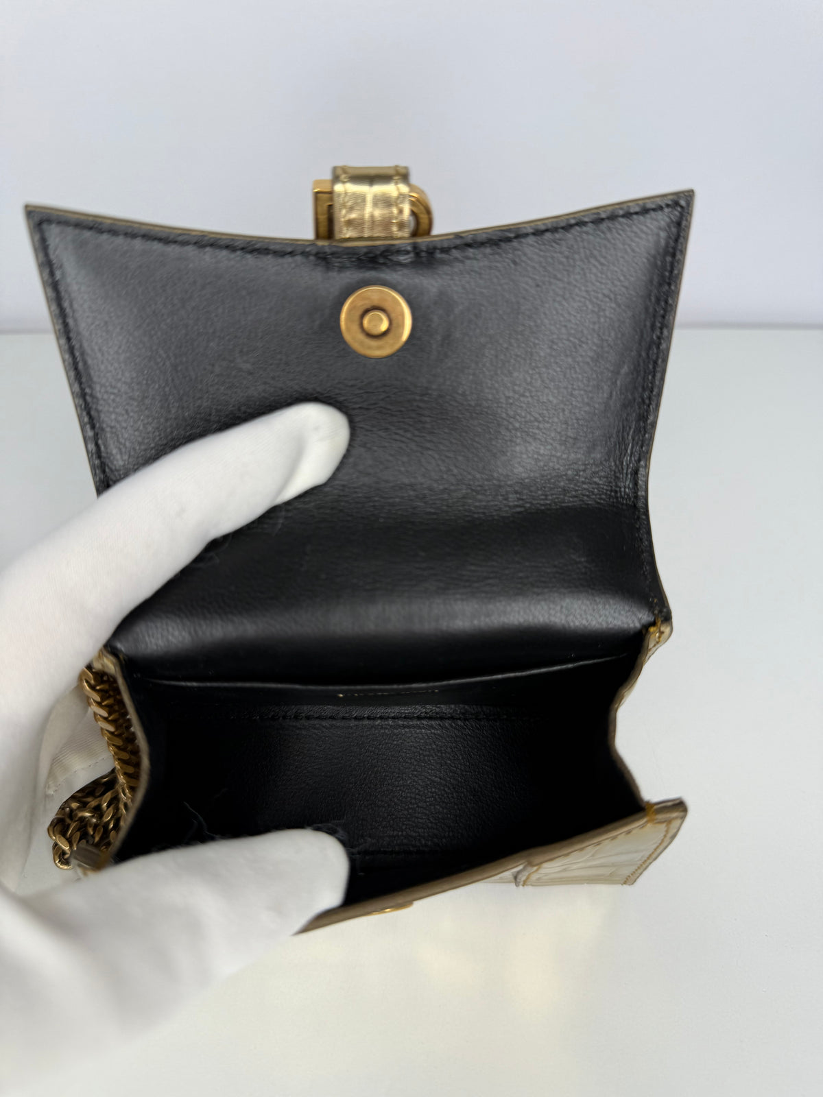 Balenciaga Gold Croc Embossed Hourglass Nano Top Handle Bag