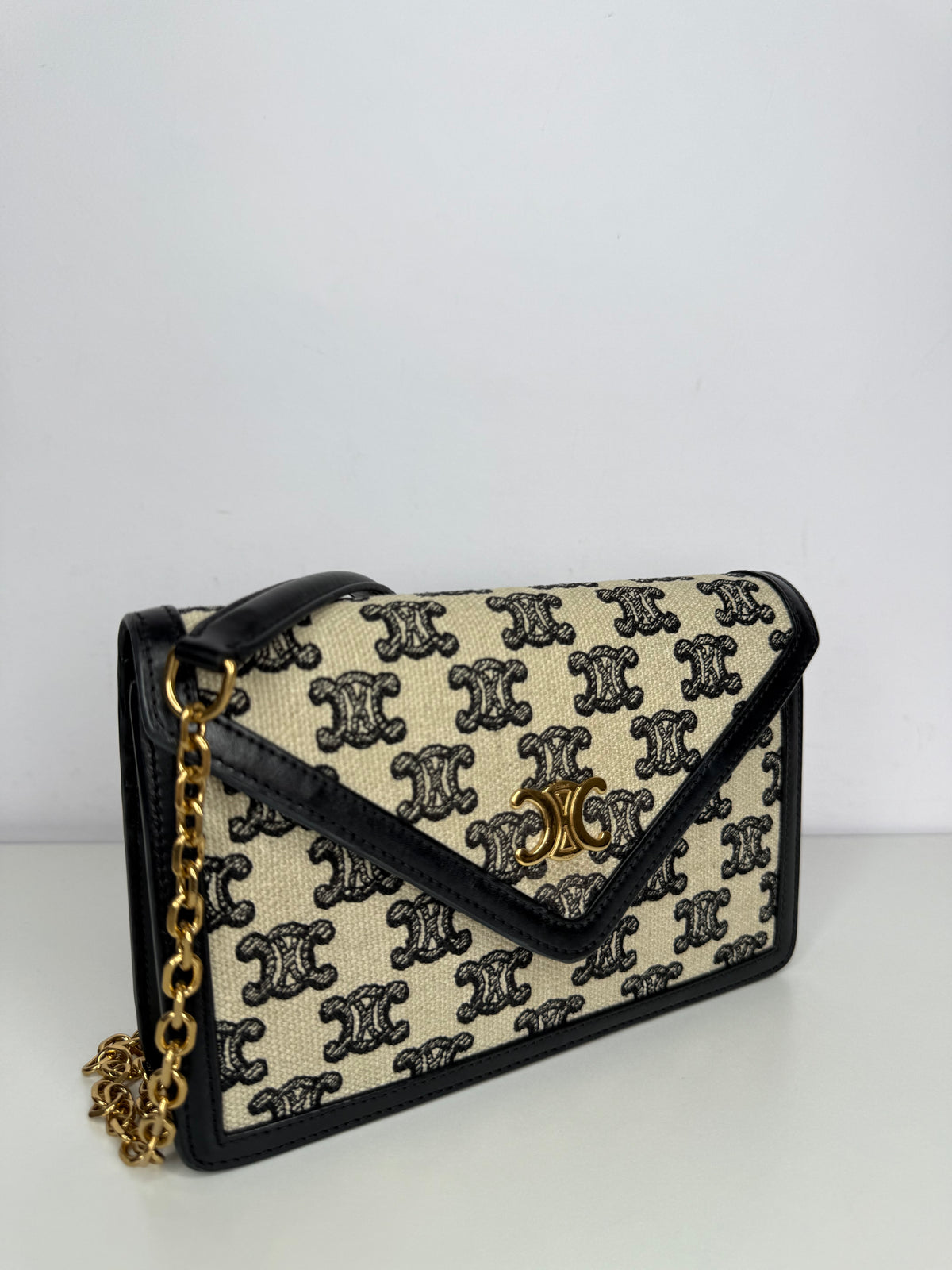 Celine Maillon Triomphe Canvas Wallet on Chain in Black and White