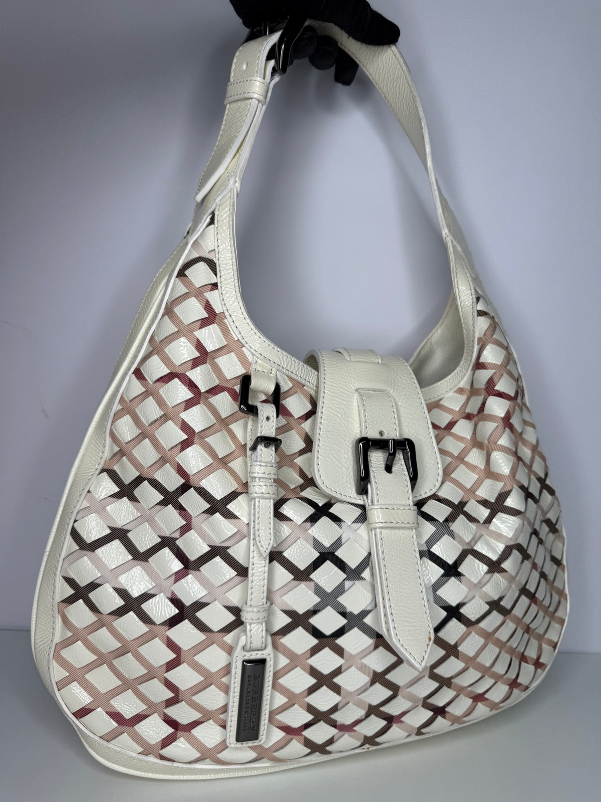 Burberry White House Check Patent Leather and PVC Brooke Hobo