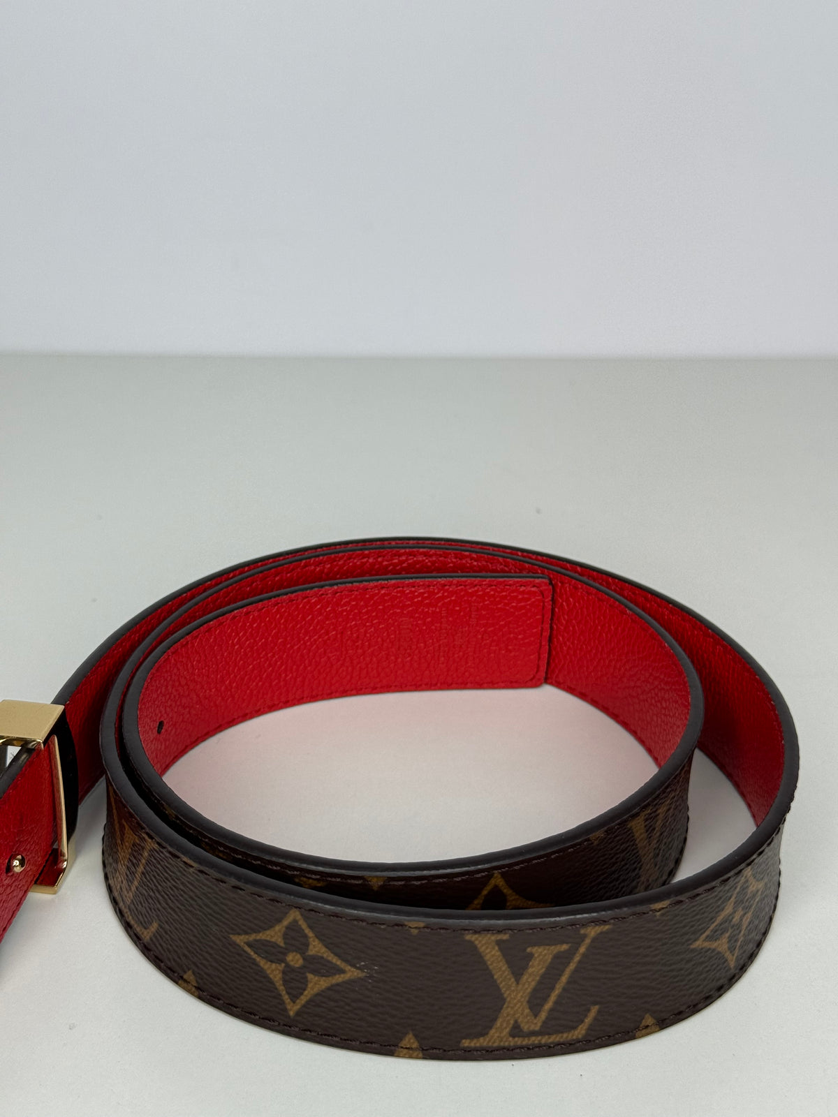 Louis Vuitton Red Monogram Reversible Gold LV Initials Belt