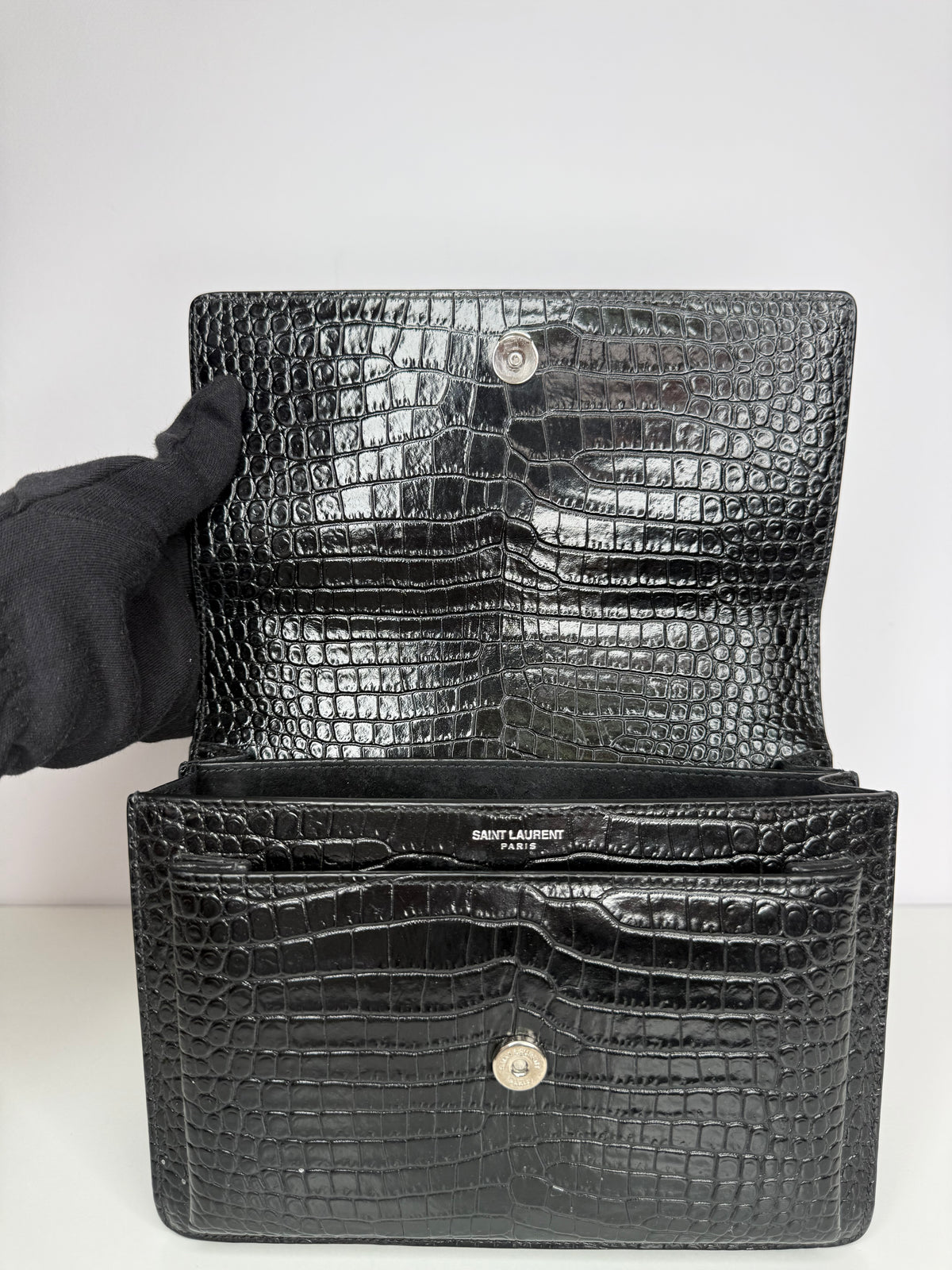 Saint Laurent Sunset Medium Black Calfskin Crocodile Embossed
