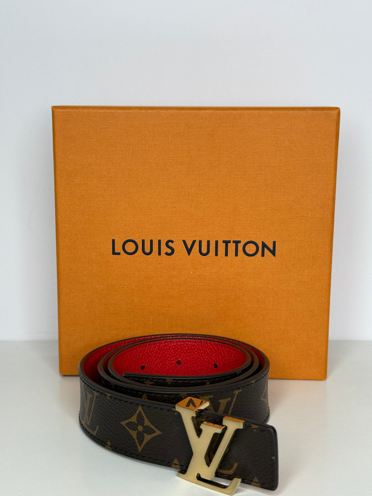 Louis Vuitton Red Monogram Reversible Gold LV Initials Belt