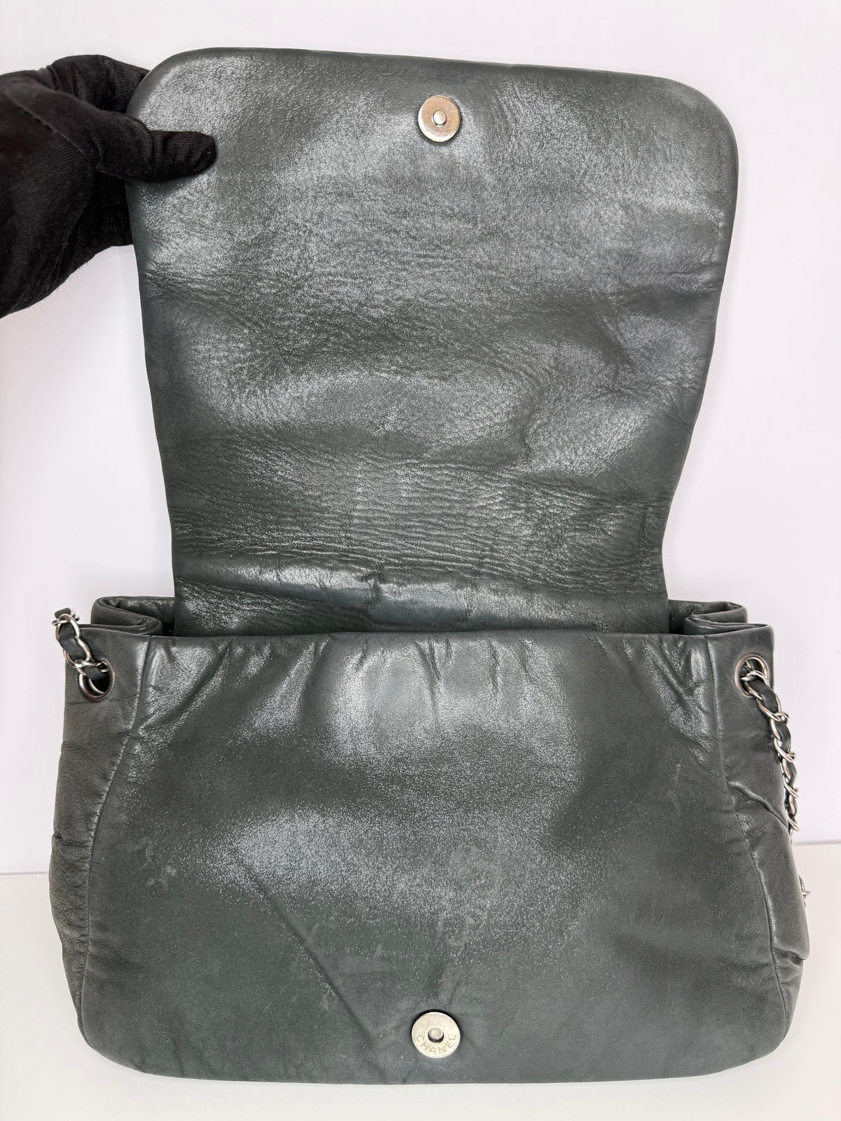 Chanel Grey Iridescent Calfskin Glint Accordion Flap Shoulder Bag