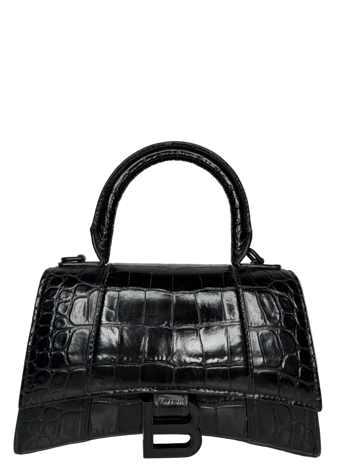 Balenciaga XS Hourglass Croc Embossed Bag Black