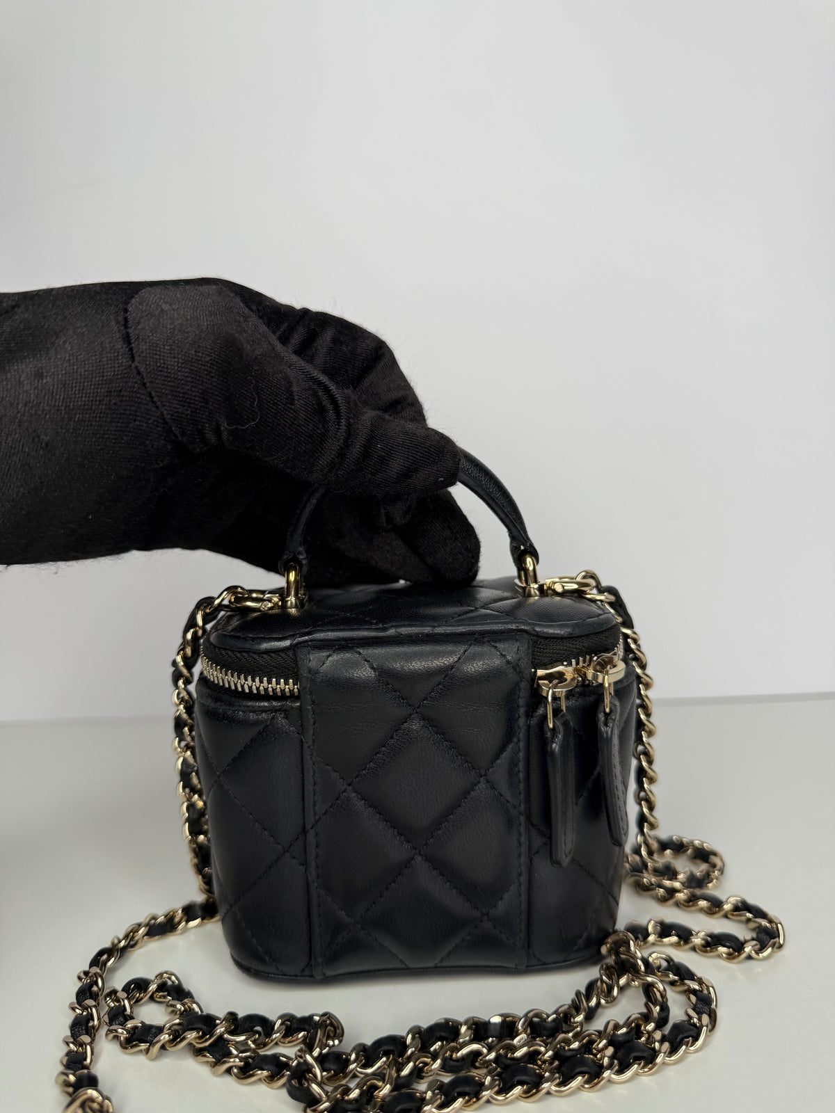 Chanel Mini Top Handle Vanity With Chain Black Lambskin Gold Hardware