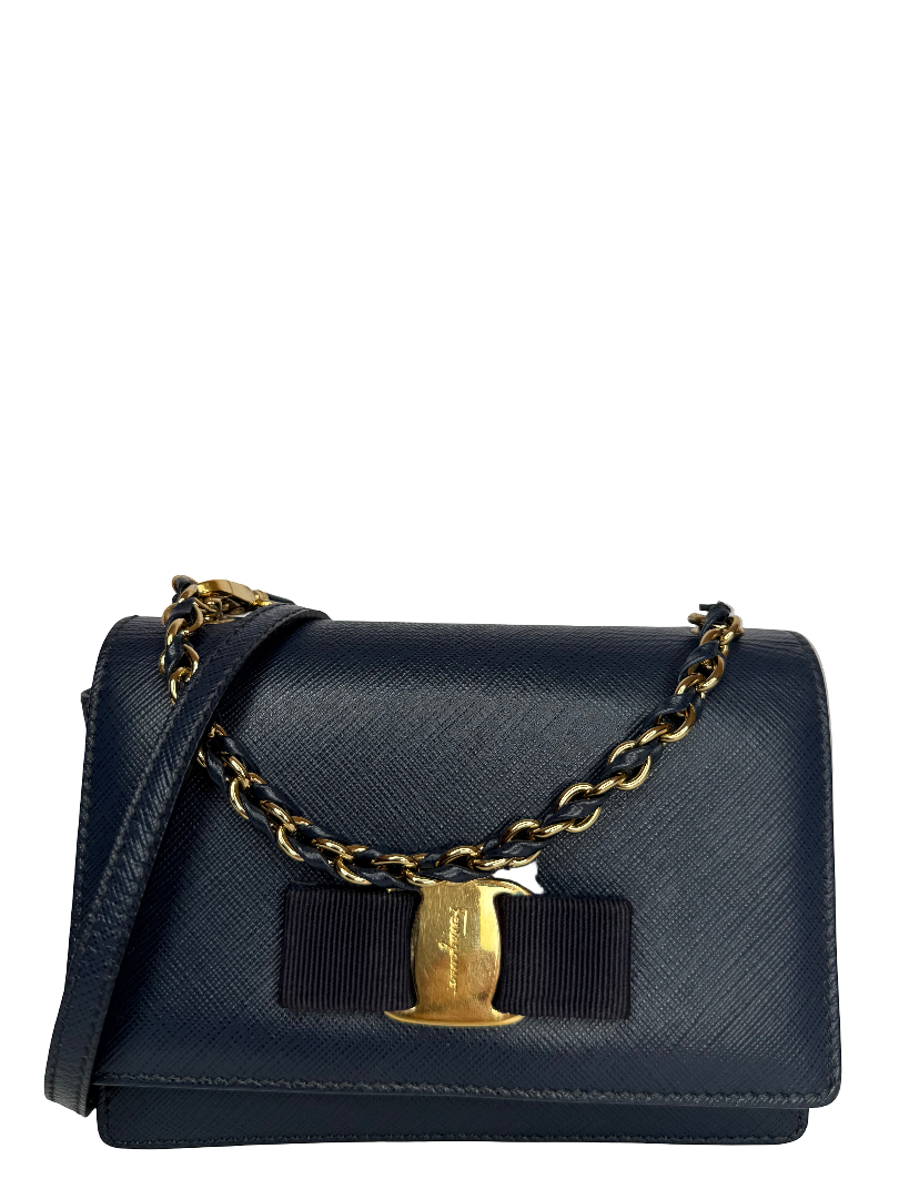 Salvatore Ferragamo Dark Blue Leather Vara Bow Chain Mini Crossbody Bag