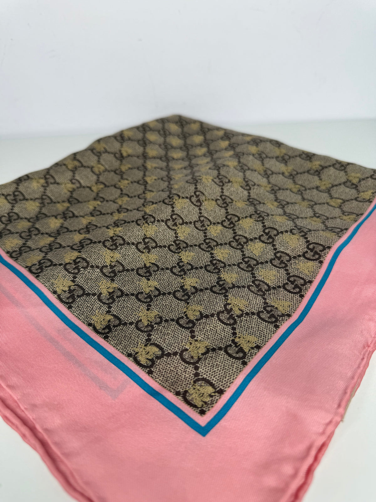 Gucci Beige/Pink GG Monogram Bee Silk Square Scarf