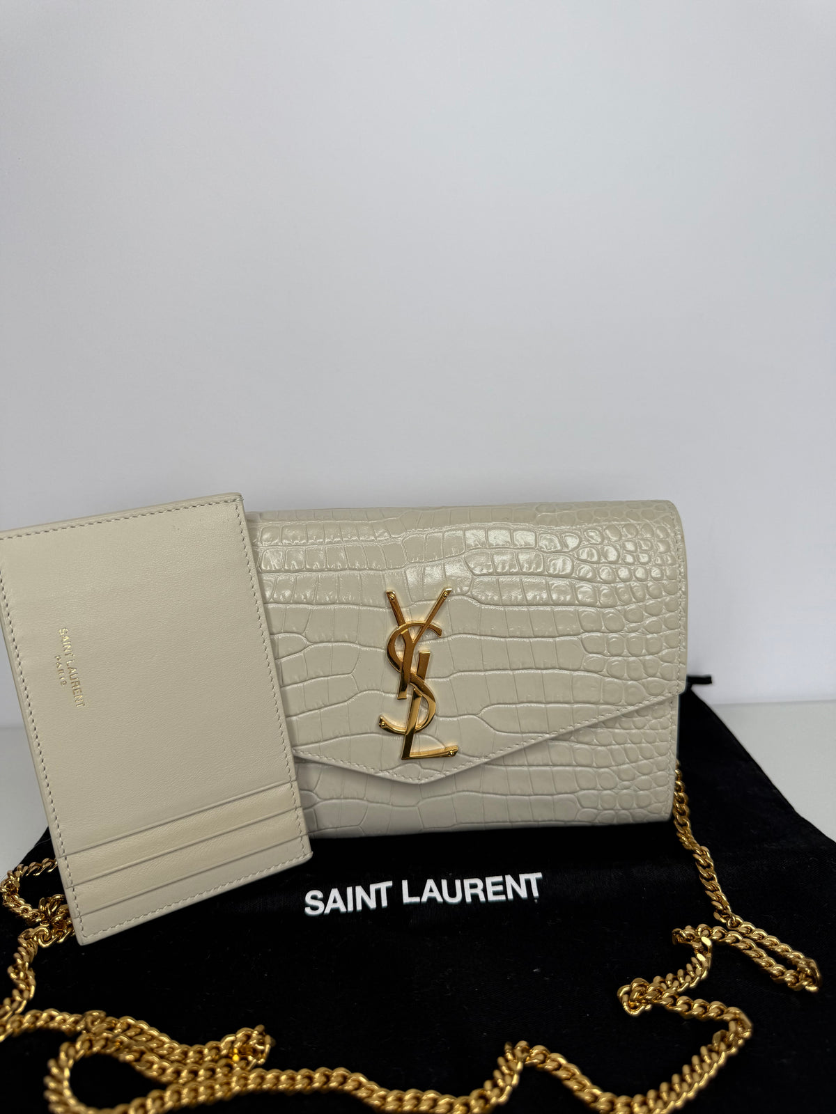 Saint Laurent Uptown Crocodile Embossed Shiny Leather in Ivory Wallet on Chain