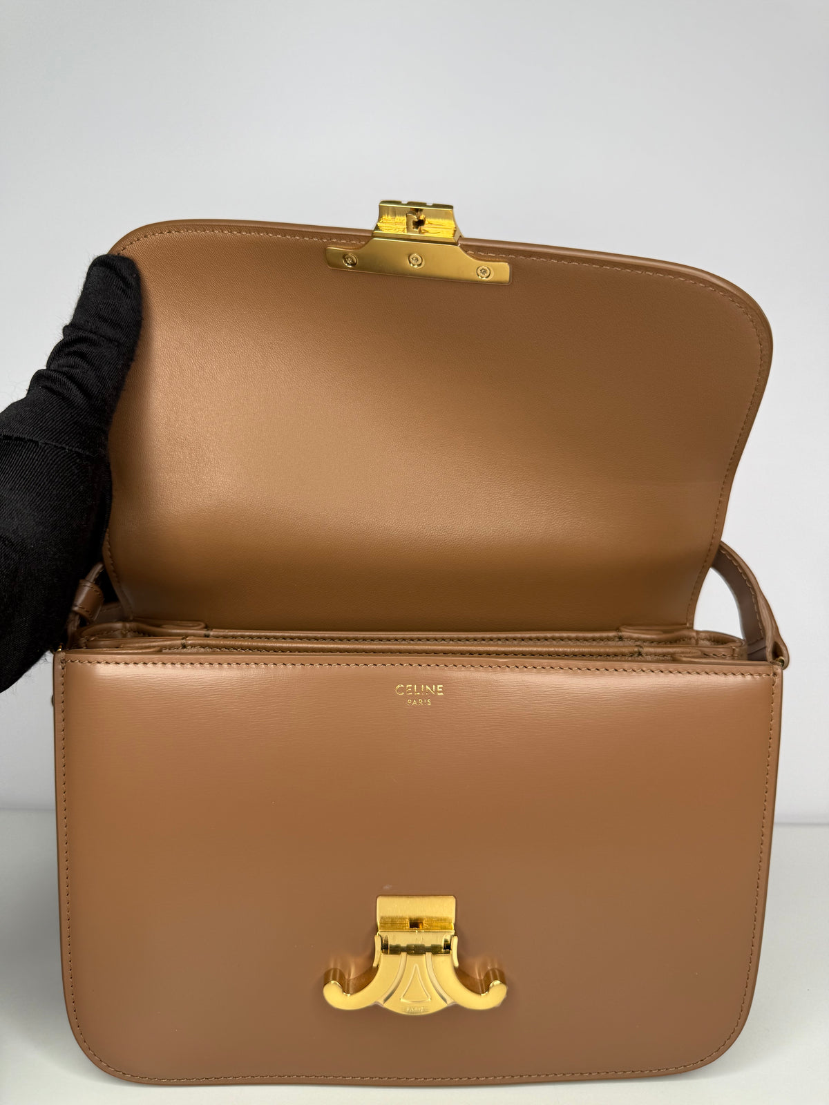 Celine Classique Triomphe Bag In Glazed Brown Shiny Calfskin