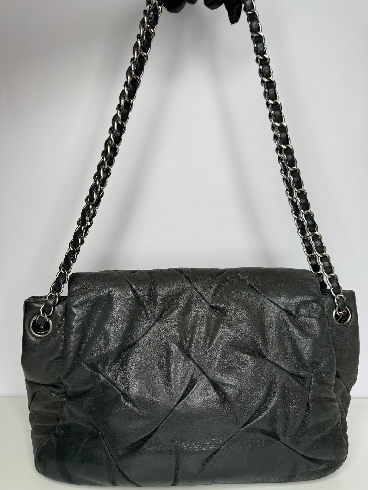 Chanel Grey Iridescent Calfskin Glint Accordion Flap Shoulder Bag