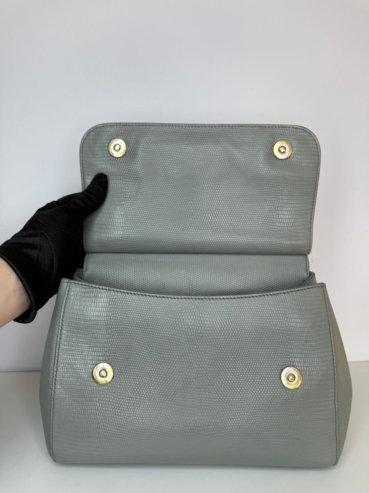 Dolce Gabbana Grey Lizard Embossed Leather Medium Miss Sicily Top Handle Bag