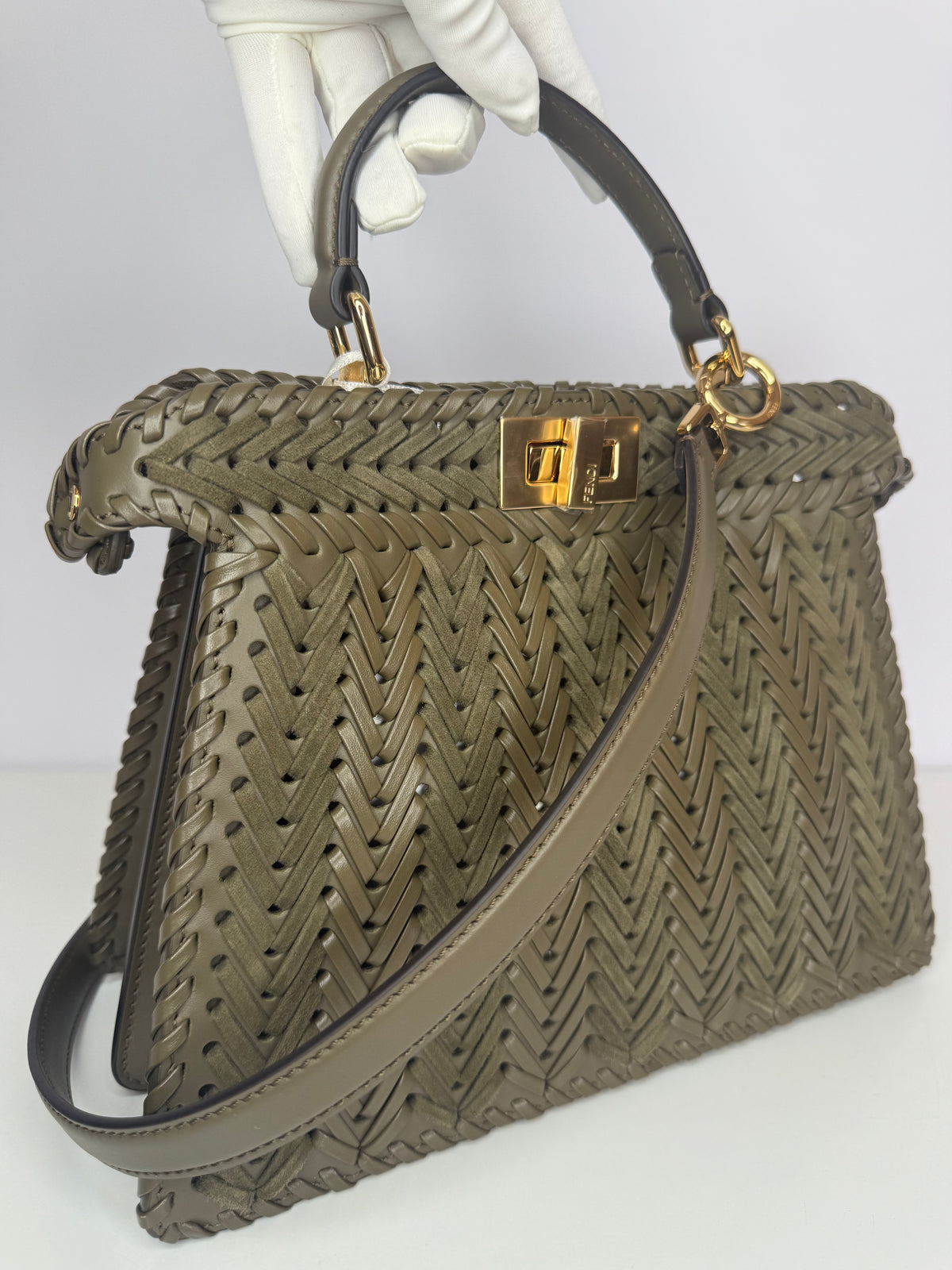 Fendi Peekaboo ISeeU Small Olive Green interlaced Leather Bag