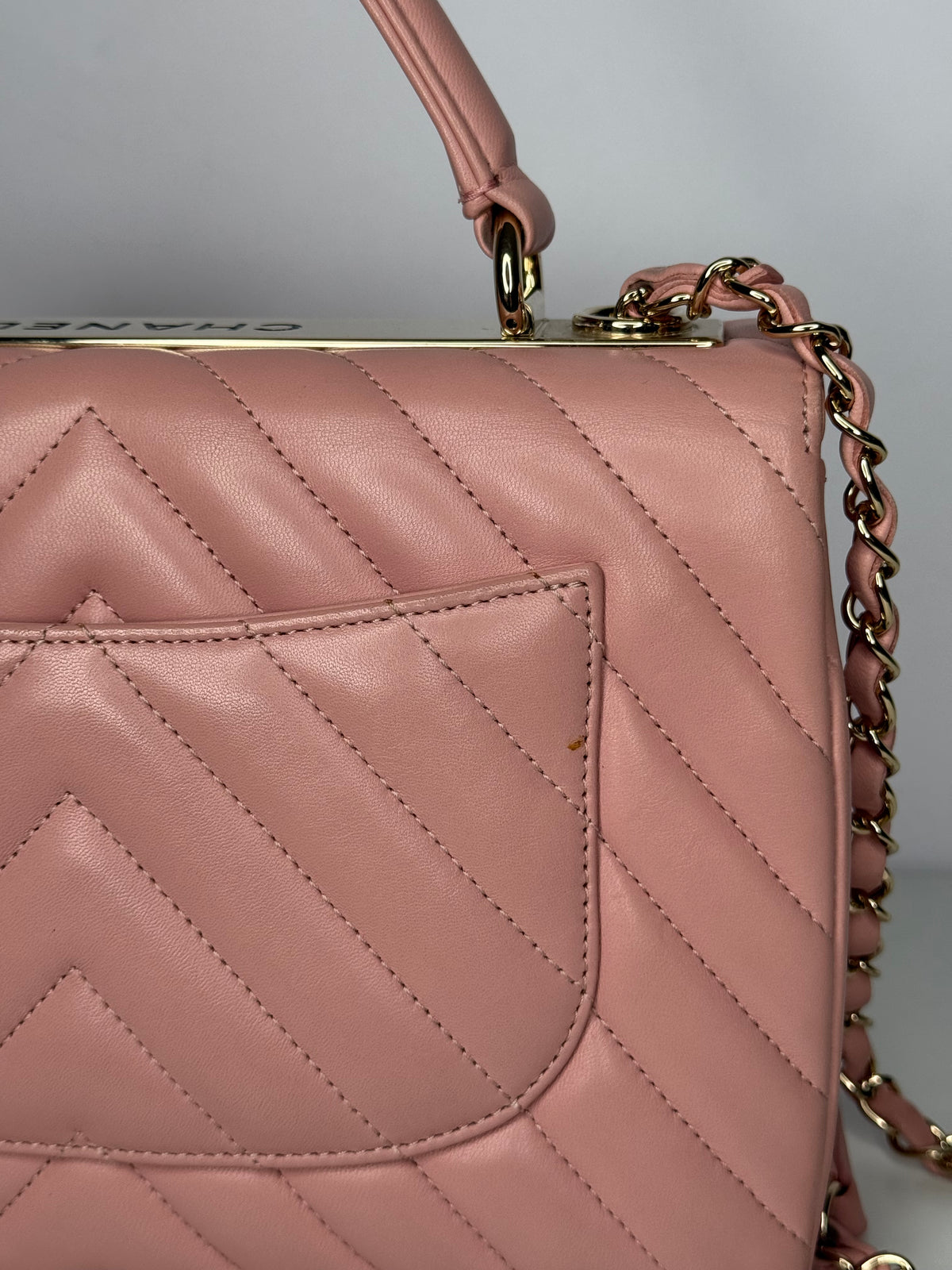 Chanel Small Trendy CC Light Pink Lambskin Chevron Quilted Top Handle Bag