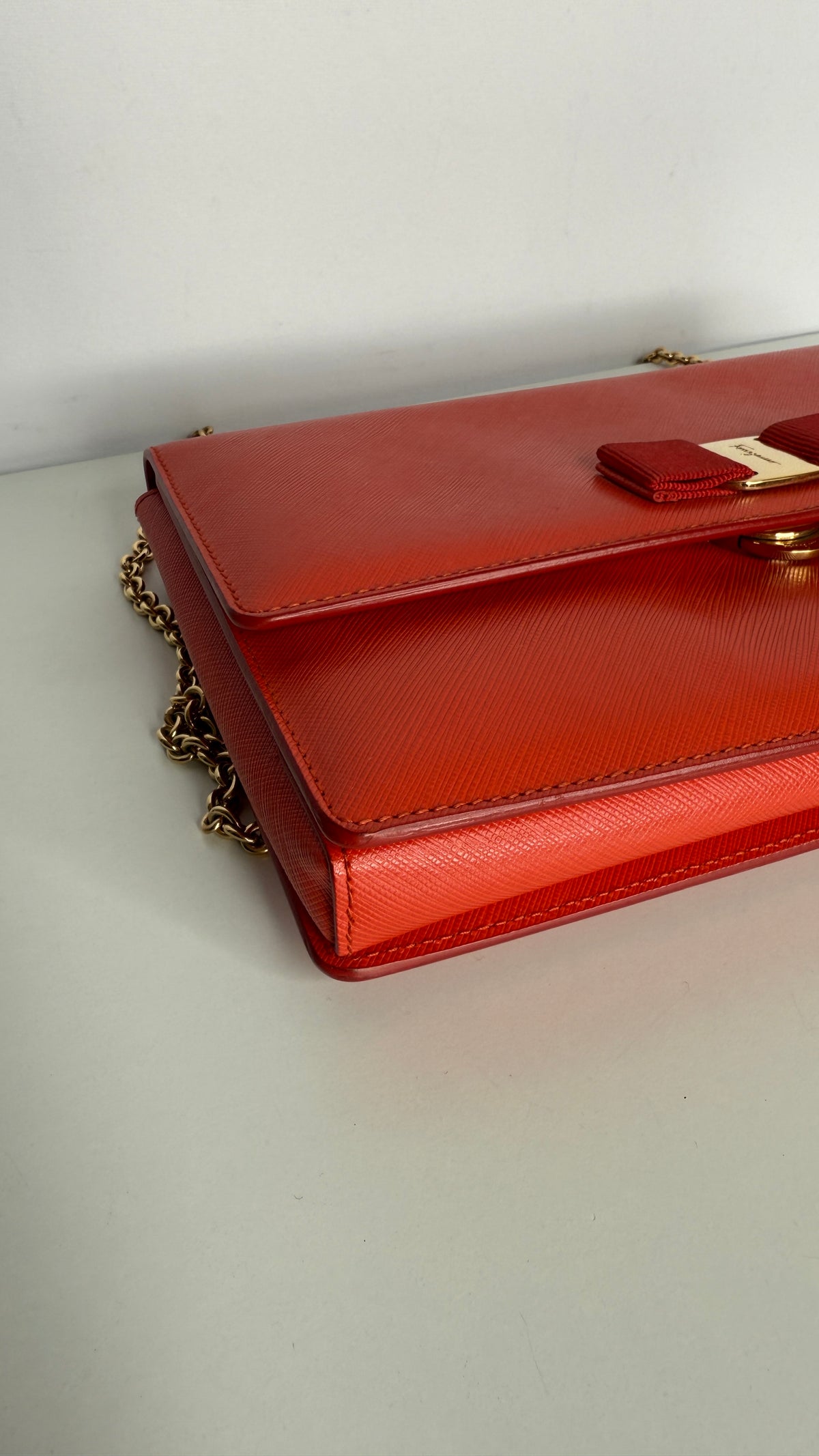 Salvatore Ferragamo Red Leather Vara Bow Chain Shoulder Bag