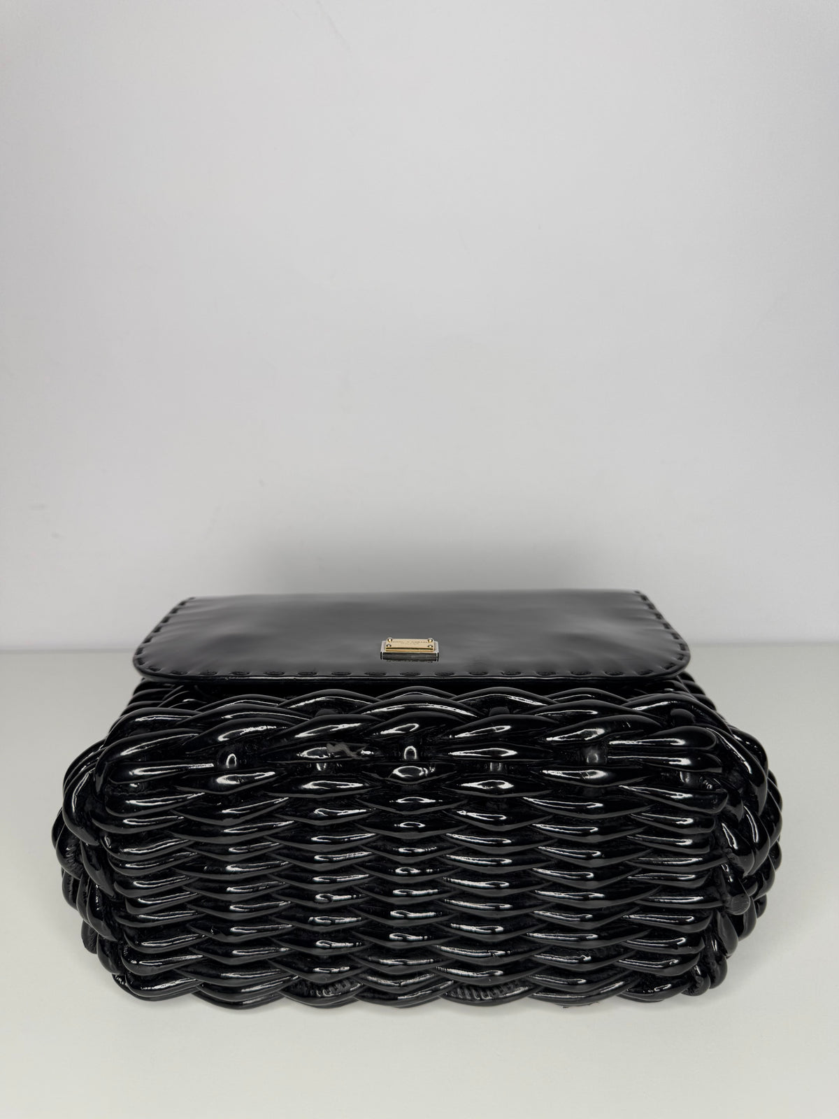 Dolce Gabbana Black Wicker and Patent Leather Shoulder Bag