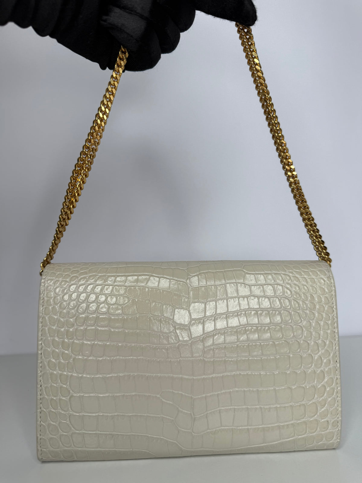 Saint Laurent Uptown Crocodile Embossed Shiny Leather in Ivory Wallet on Chain