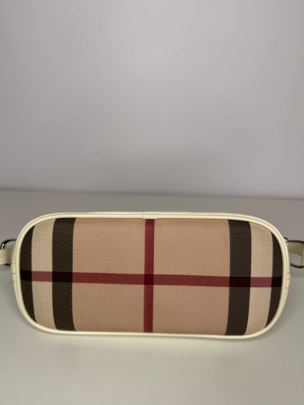 Burberry Nova Check Mini Boat Pochette White Patent Leather
