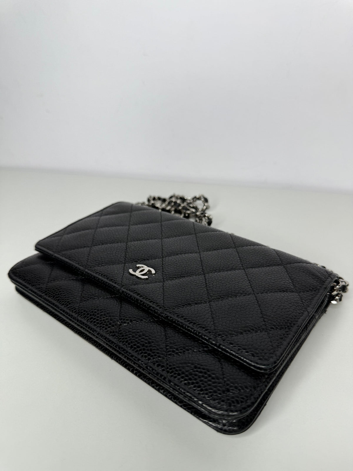 Chanel Black Quilted Caviar Leather Classic Wallet On Chain