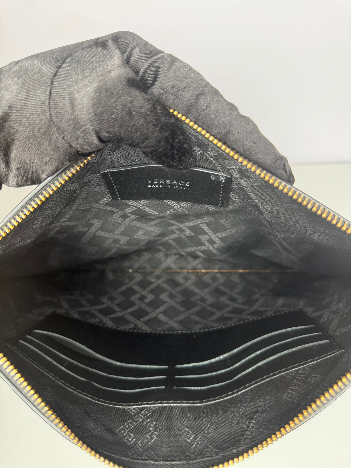 Versace La Medusa Envelope Clutch In Silver/Black Baroque Print