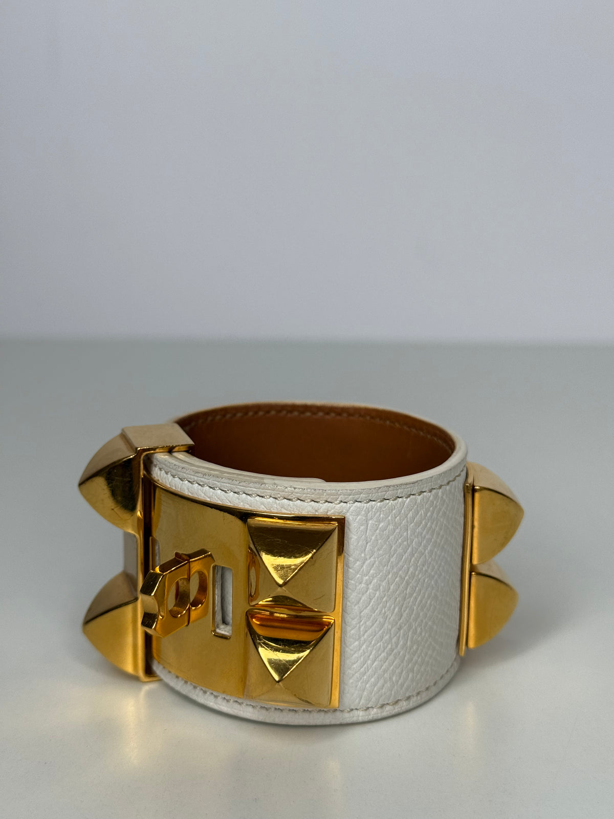 Hermès White Epsom Leather Gold Plated Collier de Chien Bracelet