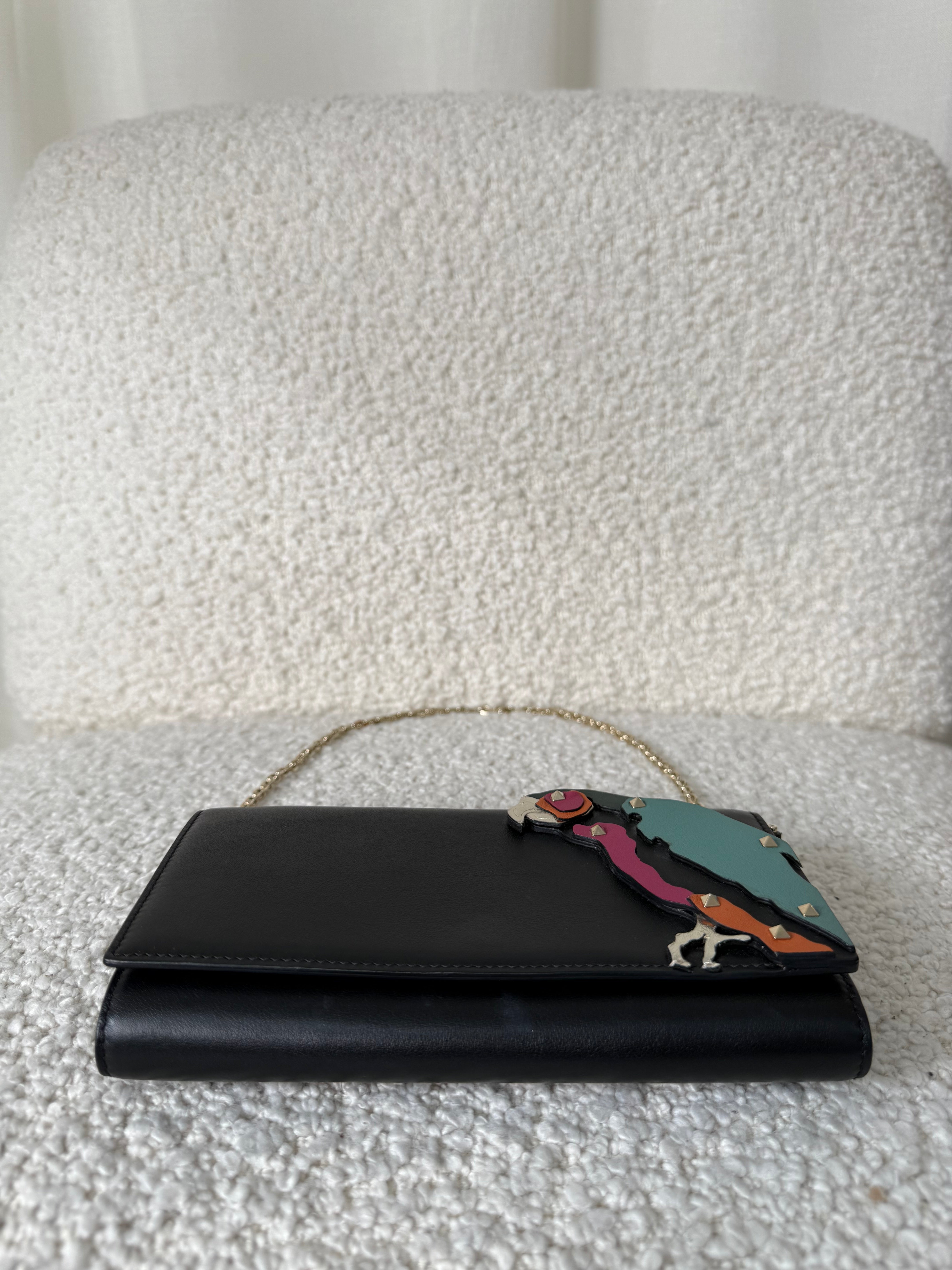 Valentino Garavani Parrot Motif and Black Leather Wallet on Chain