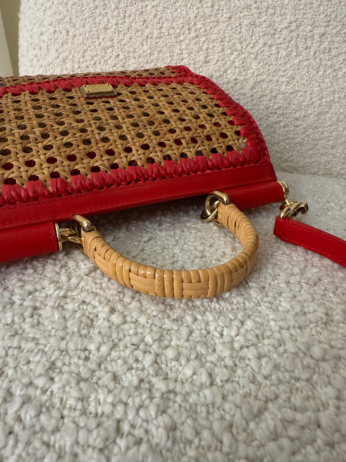Dolce Gabbana Woven Raffia Miss Sicily Satchel Red