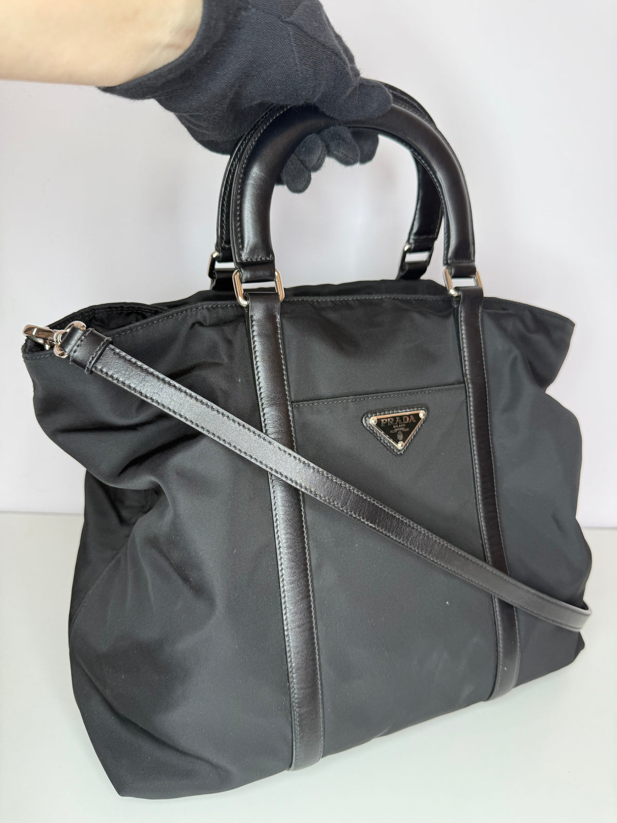 Prada Black Nylon and Leather Tote Bag