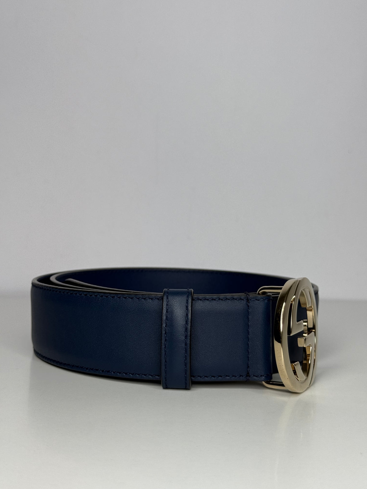Gucci Navy Blue Leather Interlocking G Buckle Belt