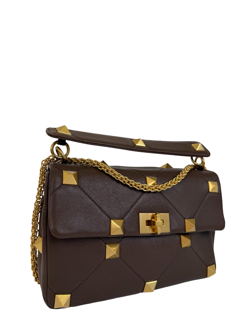 Valentino Garavani Medium Roman Stud Brown Quilted Nappa Leather