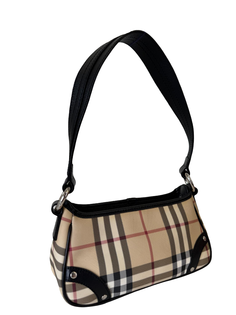 Burberry Black/Beige House Check PVC and Leather Pochette Bag